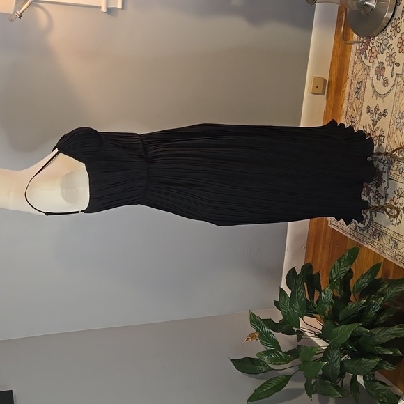 DKNY Black Micro Pleated Bustier Corset Ruffle Hem Back Zip Midi Dress Sz 10 - Picture 2 of 14